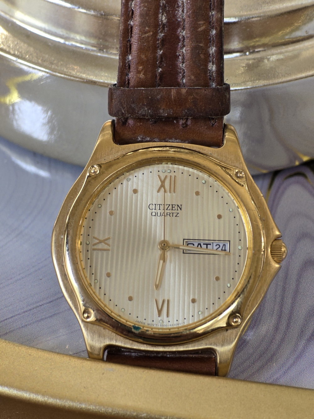 Citizen Quartz Gold-Tone Watch with Brown Leather Strap Parts Only Not Working